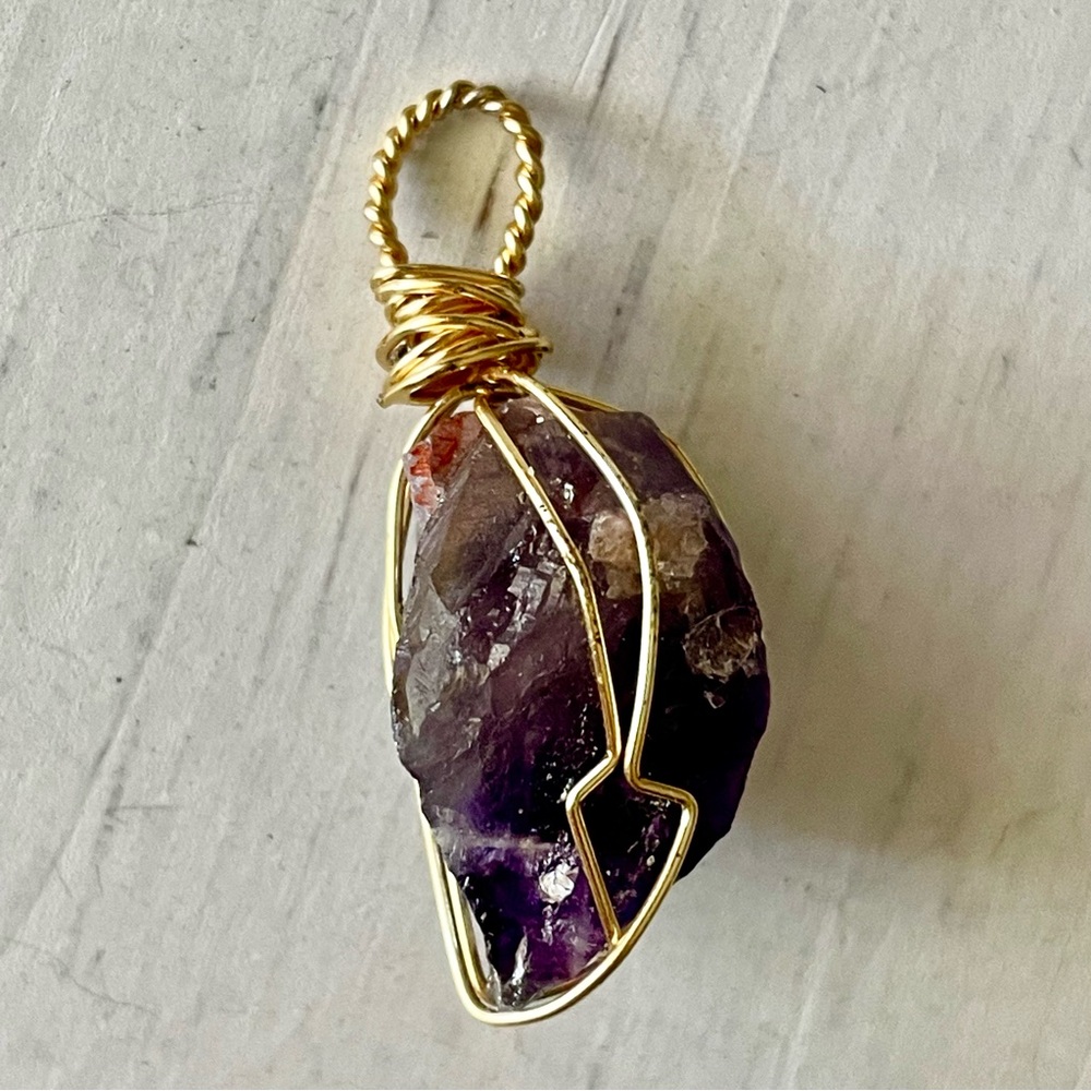 Amethyst raw handmade gold tone wire pendant, pre-owned gemstone artisan pendant